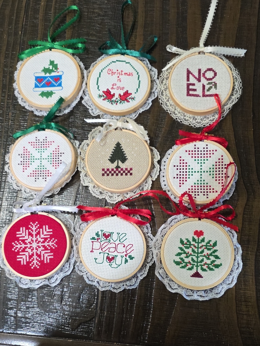 Handmade Green and Red Cross-Stitch Holiday Ornaments - Set of 9